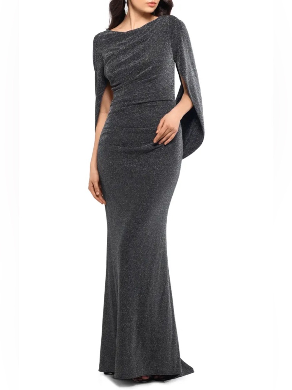 Betsy & Adam Black Sparkle Draped Maxi Dress